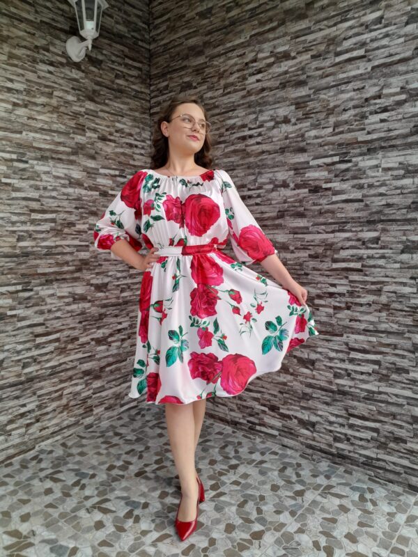 Rochie Florală Midi cu Umăr Gol – Rochie Romantică de Vară | Fabricat în România